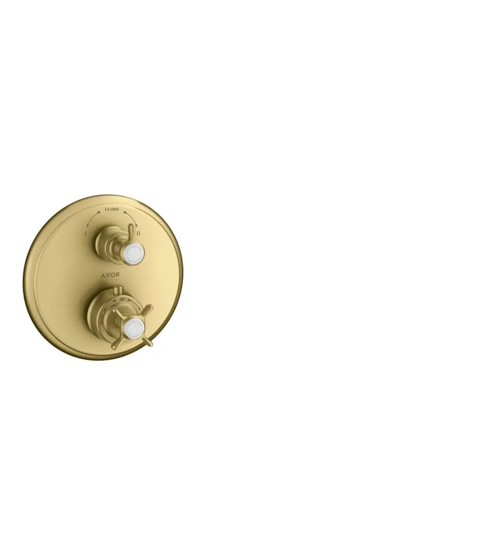 Thermostatunterputz mit zwei Kreuzgriffen und Ab-Umstellventil in Brushed Gold Optik von AXOR. Montagesockel rund mit klaren Markierungen für Temperatur und Wasserfluss.